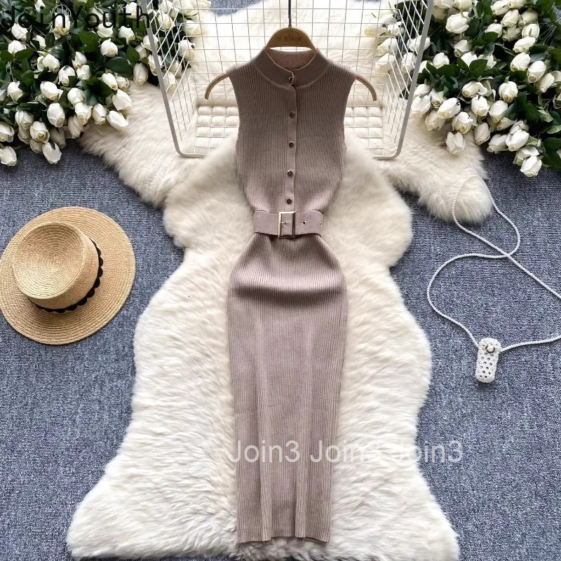 Knitted Woman Dress 2025 Vestidos De Mujer Sleeveless Half High Collar Tunic Temperament Robe Femme Sexy Bodycon Dresses 7p556