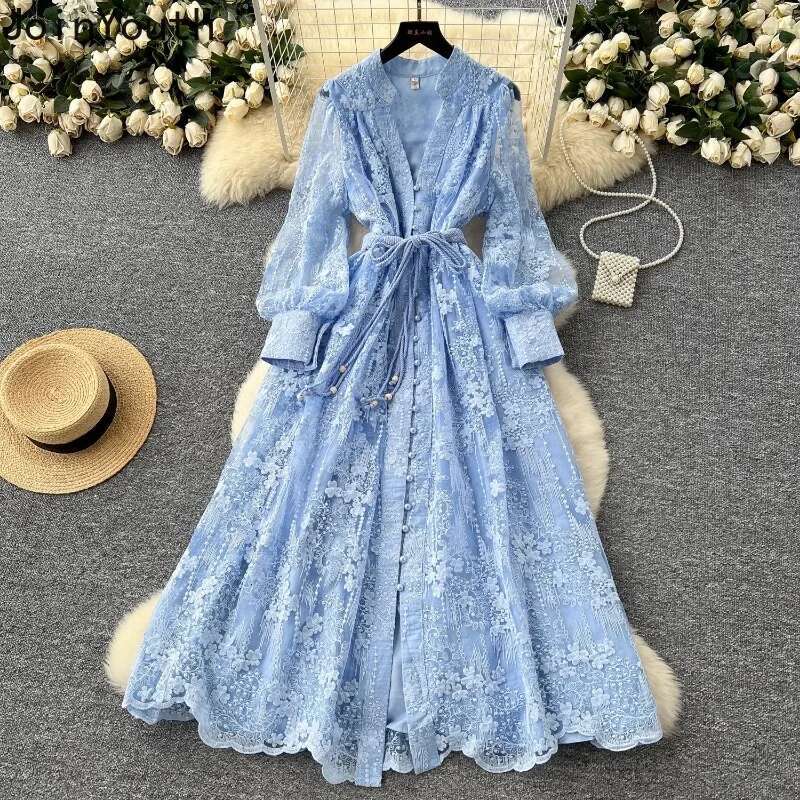 Vintage Single Breasted Dress Women 2025 Vestidos De Mujer Embroidery Slim Fit Lace V-neck Long Sleeve Temperament Robe Femme