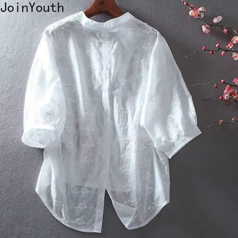 2025 Blusas Mujer De Moda White Vintage Blouses for Women Temperament Tops Cotton White Embroidery Oversized Blouse Shirts 7n791