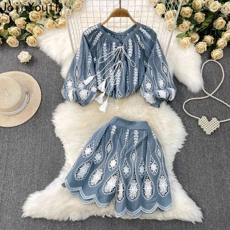 Summer Women Clothes 2 Piece Sets O-neck Lantern Sleeve Shirt High Waist Wide Leg Shorts Outfite Hollow Out Lace Chic Retro Suit