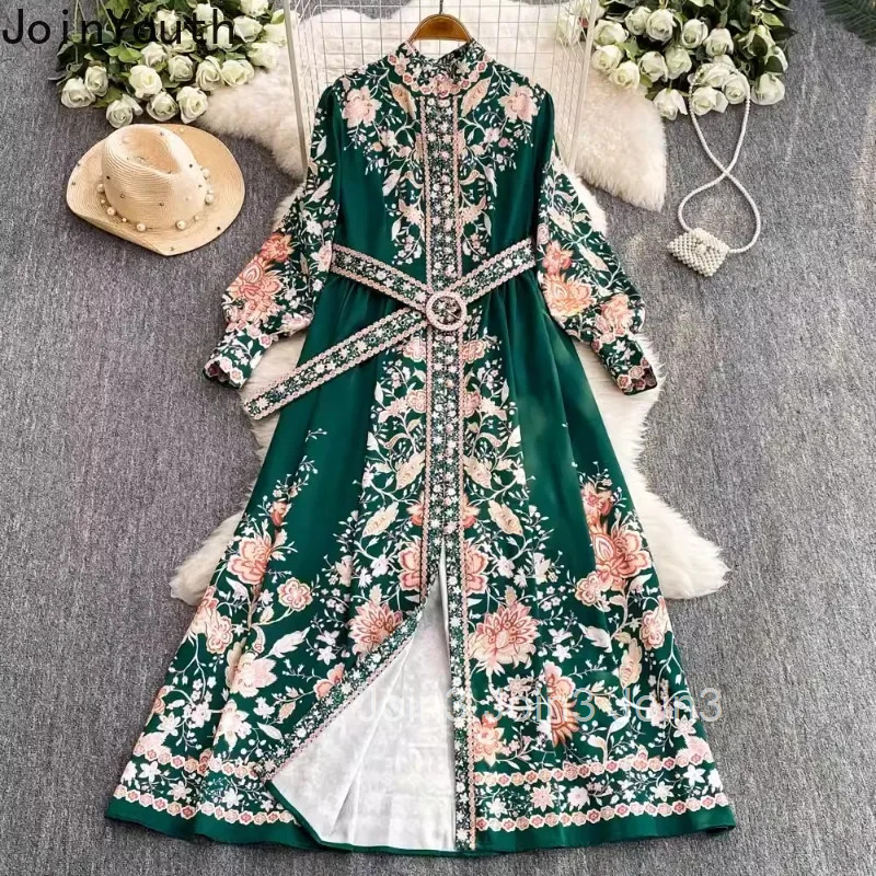 2025 Vestidos De Mujer Floral Chiffon Dresses for Women Slim Waist Temperament Chiffon Robe Femme Stand Neck Vintage Maxi Dress