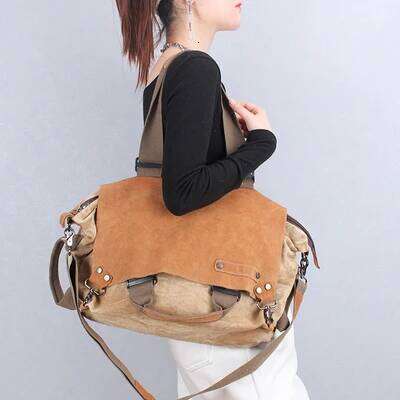 Canvas With Cowhide Leather Women Handbags Shoulder 2025 New Large Capacity Portable Tote Commuter Texture Crossbody Bag