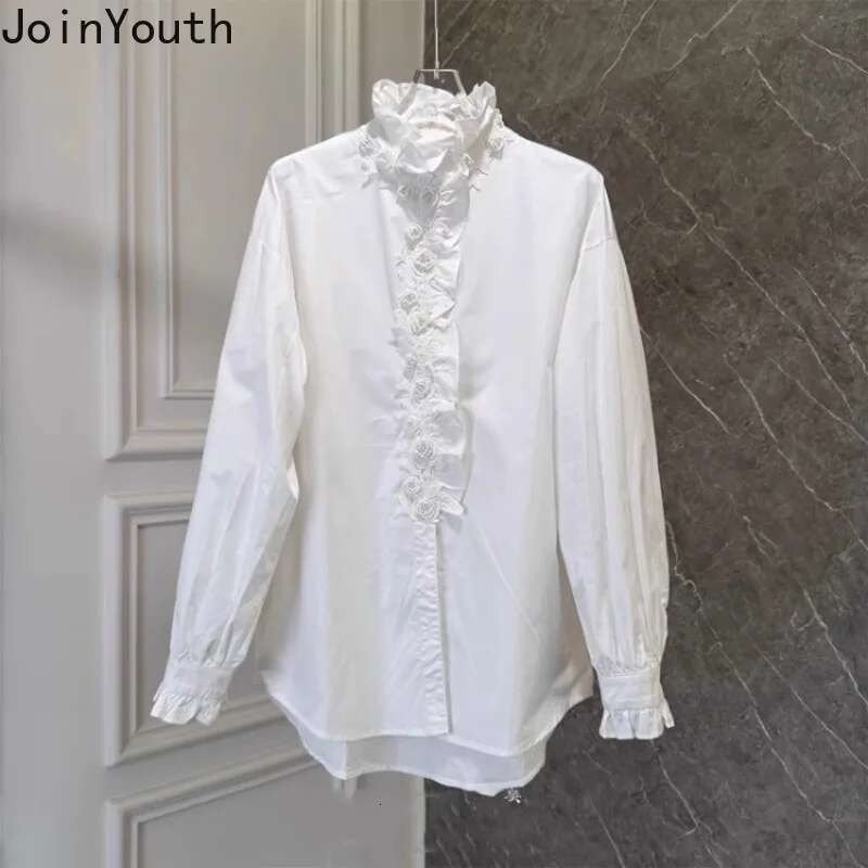 White Blouse Women Clothing Stand Neck Long Sleeve Vintage Shirts 2025 Blusas Mujer De Moda Loose Ruffles Beading Floral Tops