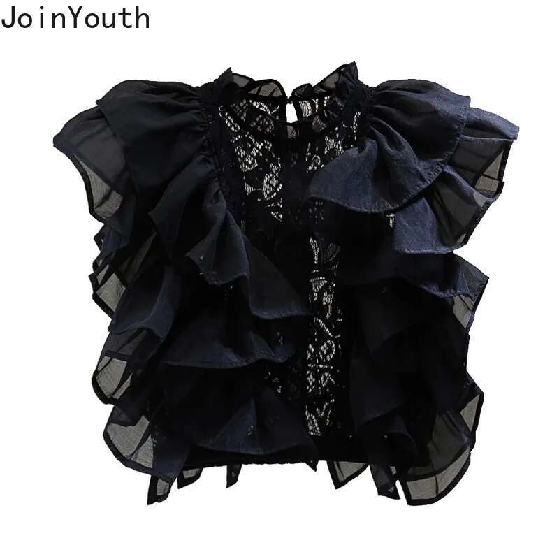 2025 Blusas Mujer De Moda Summer Blouse Women Stand Neck Flying Sleeve Lace Shirts Crop Tops Hollow Out Ruffles Sexy Blouses