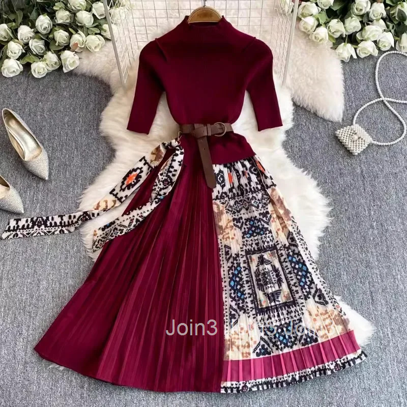 Contrast Color Floral Dresses Women Stand Neck Short Sleeve Temperament Robe Femme 2025 Vestidos De Mujer Knitted Pleated Dress