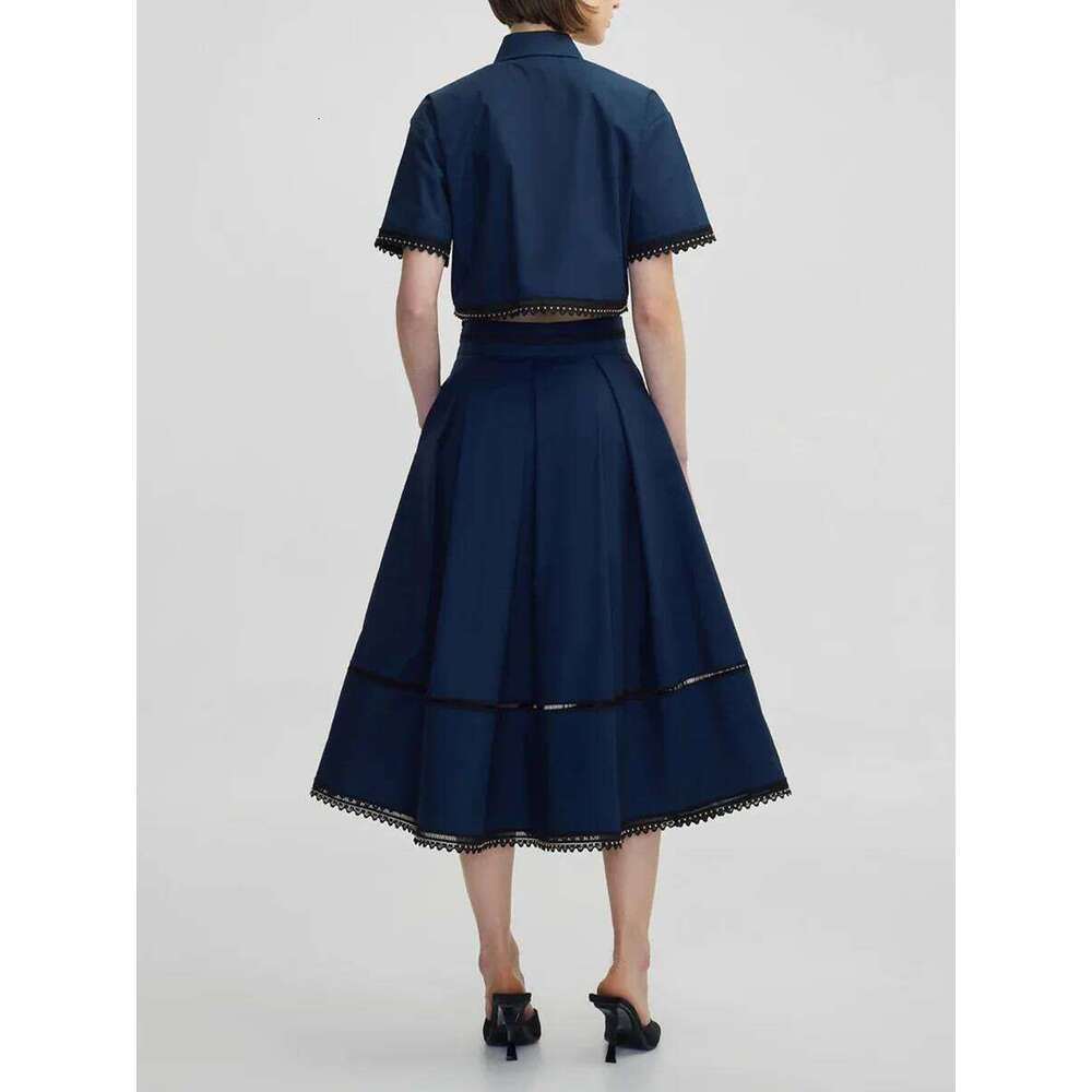 Solid Two Piece For Women Lapel Short Sleeve Tops High Waist A Line Skirt Slimming Sets Female Fashion Style