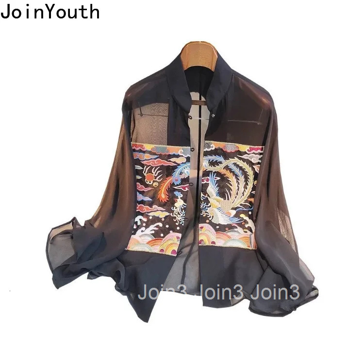 Black Blouses Women See Throught Sexy Shirts Heavy Embroidery Floral Thin Blousevintage Temperament Tops Blusas De Mujer 2025