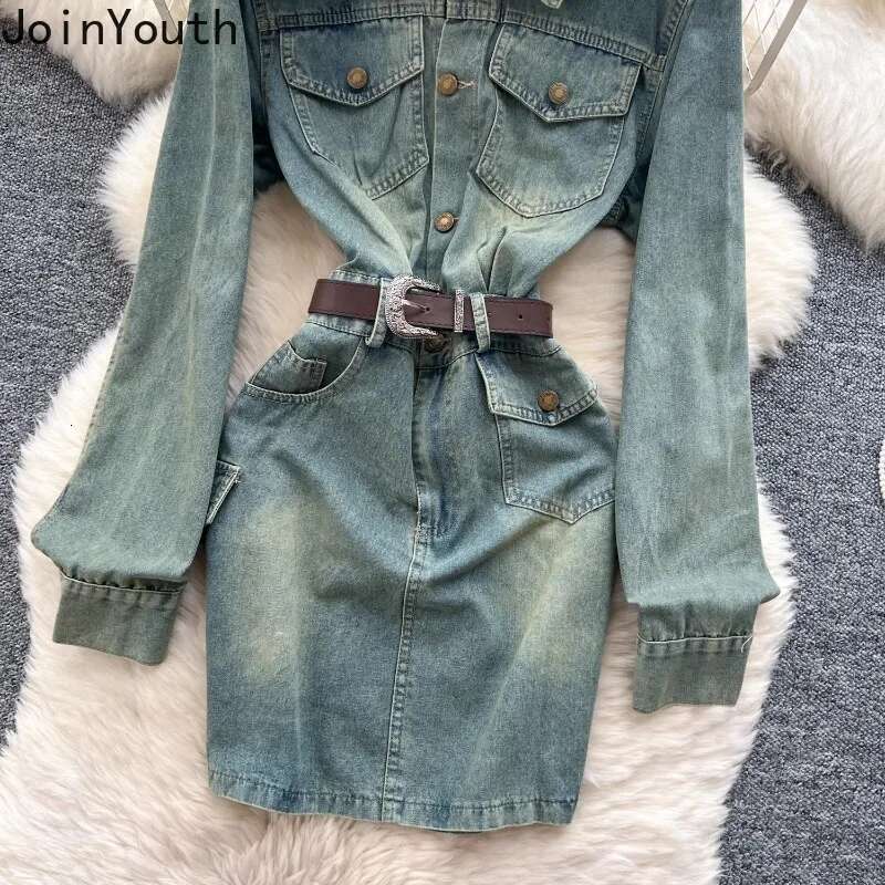 Denim Dresses Women Clothing Slim Waist Long Sleeve Casual Robe Femme 2025 Vestidos De Mujer Fashion Korean Bodycon Y2k Dress