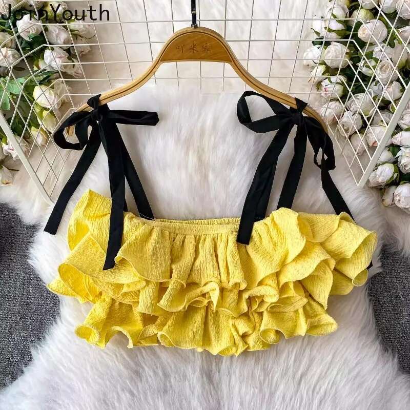 Women Clothes Sweet Vest Crop Tops Bandage Bow Ruffles Tees Fashion Sweet Tees Korean Sexy Camis Backless Folds Summer Y2k Tanks