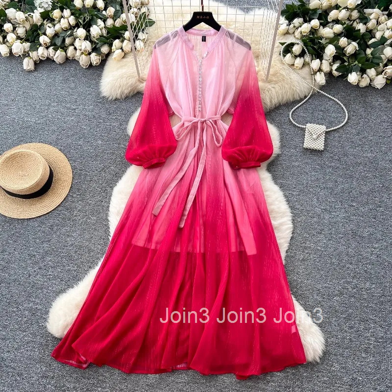 Temperament Robe Femme Chic Gradient Dresses Women Clothing 2025 Vestidos De Mujer Bandage Elegant Summer Maxi Dress 2 Piece Set