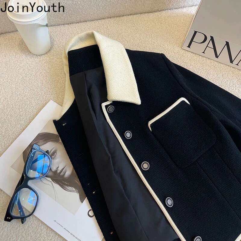 Temperament Jackets for Women Turndown Collar Long Sleeve Tunic Outwear Crop Tops Fashion Korean Vintage Tweed Coat Ropa Mujer