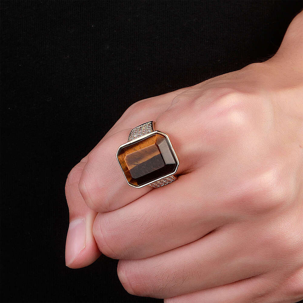 National Trend Hip-Hop Large Natural Tiger Stone Low-Key Luxury Men's Solid Open Ring Live Broadcast