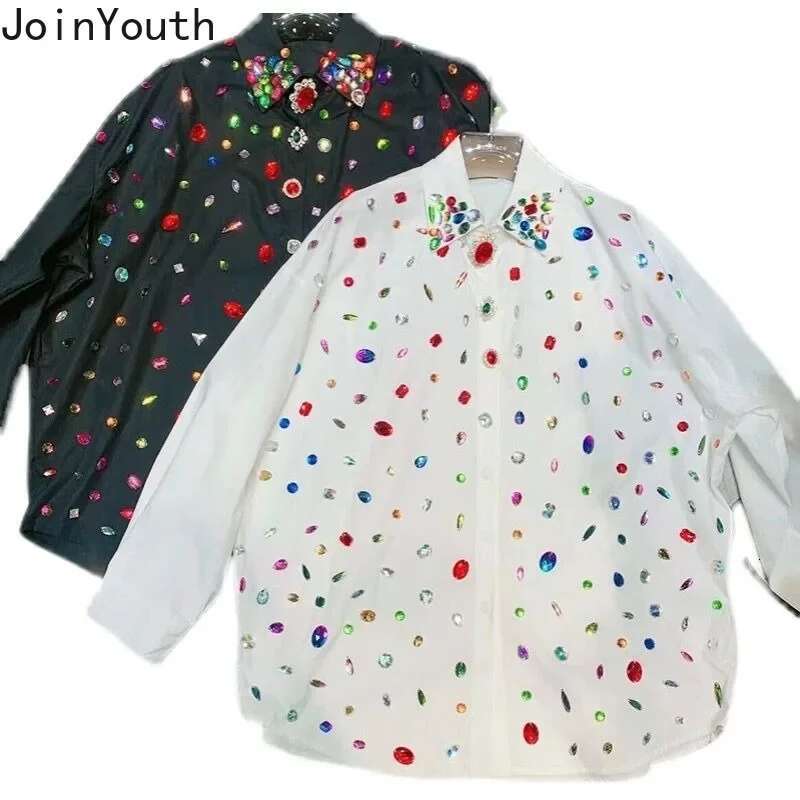 Harajuku Women Tops Fashion Heavy Diamond White Blouses 2025 Camisas De Mujer Long Sleeve Korean Shirt Streetwear Y2k Blouse
