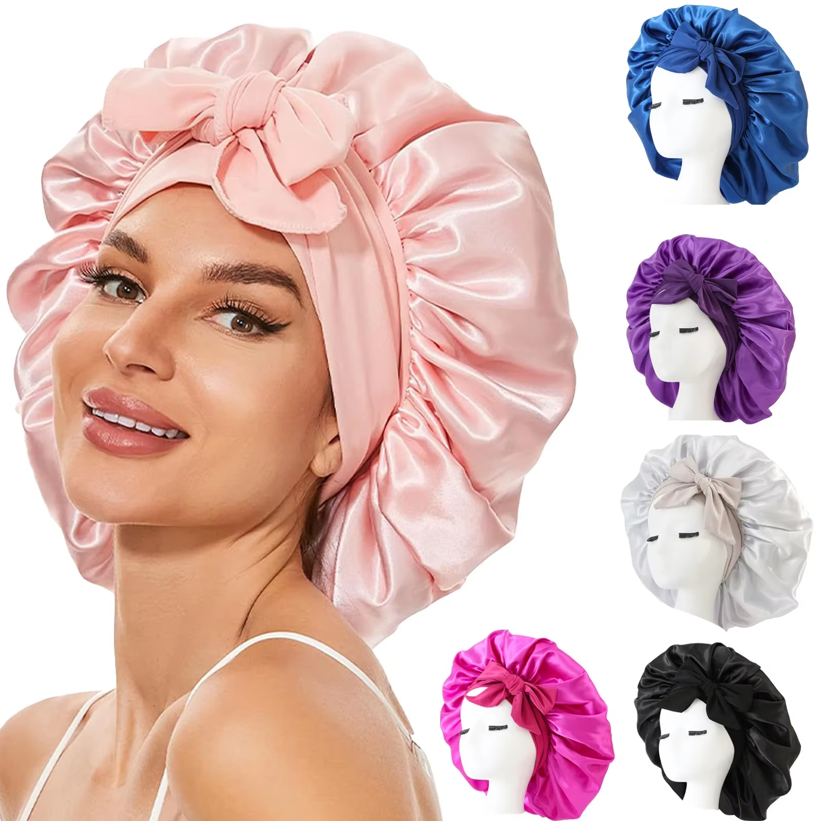 Women Satin Bonnet Solid Sleeping Hat Stretchy Tie Band Elastic Night Shower Cap Adjustable Hair Head Cover Bonnet for Women Hat Satin Solid Night Sle