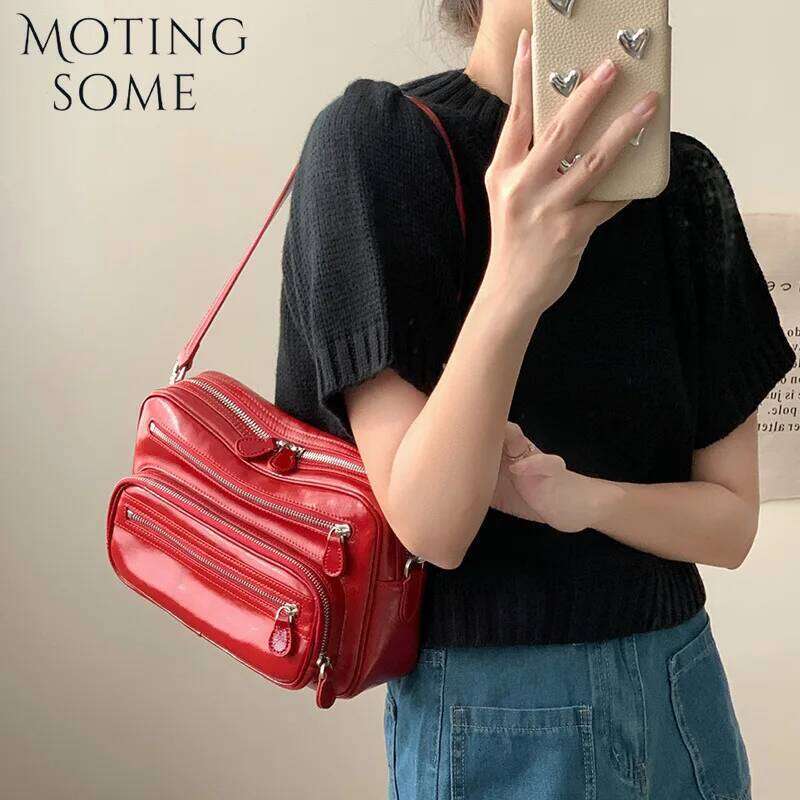 First Layer Cowhide Leather Vintage Brand Key Zipper Shoulder Handbag Underarm Small Square Female Bag Personality