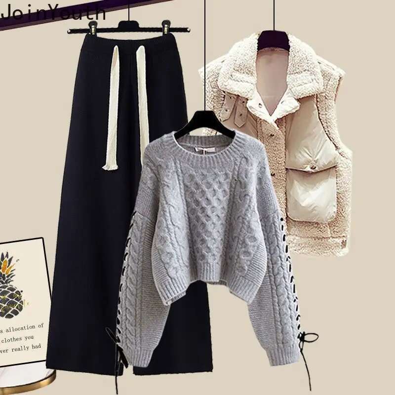 Winter Clothing Fashion 3 Piece Sets for Women Thicked Warm Vest O-neck Casual Pullovers High Waist Wide Leg Pants Suit Knit Set