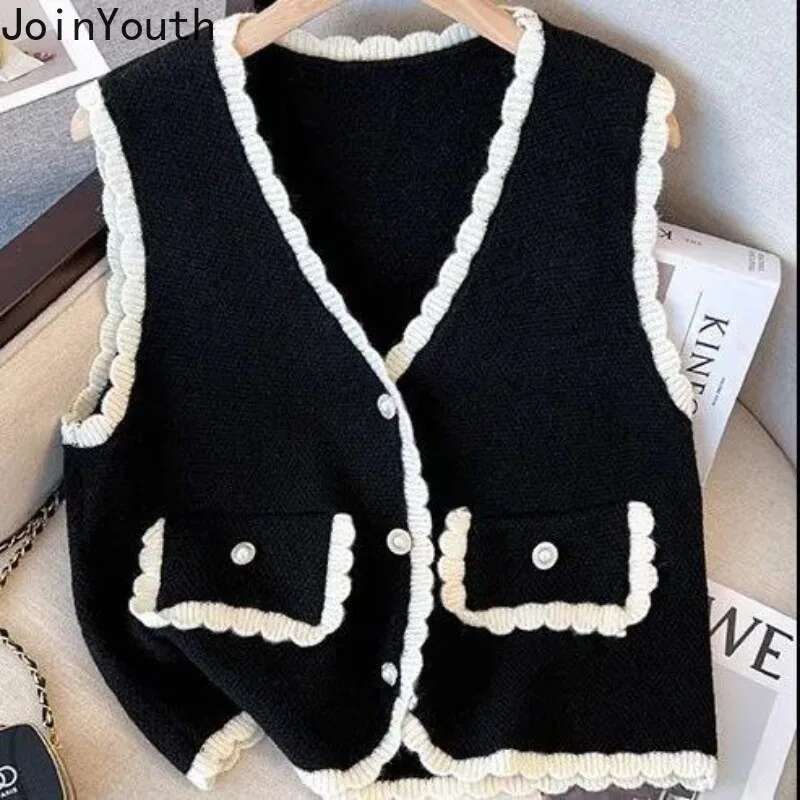 2025 Vest Sweater Women Clothing V-neck Ruffles Single Breasted Vintage Waistcoat Ropa Mujer Black Knitted Tanks Cropped Tops