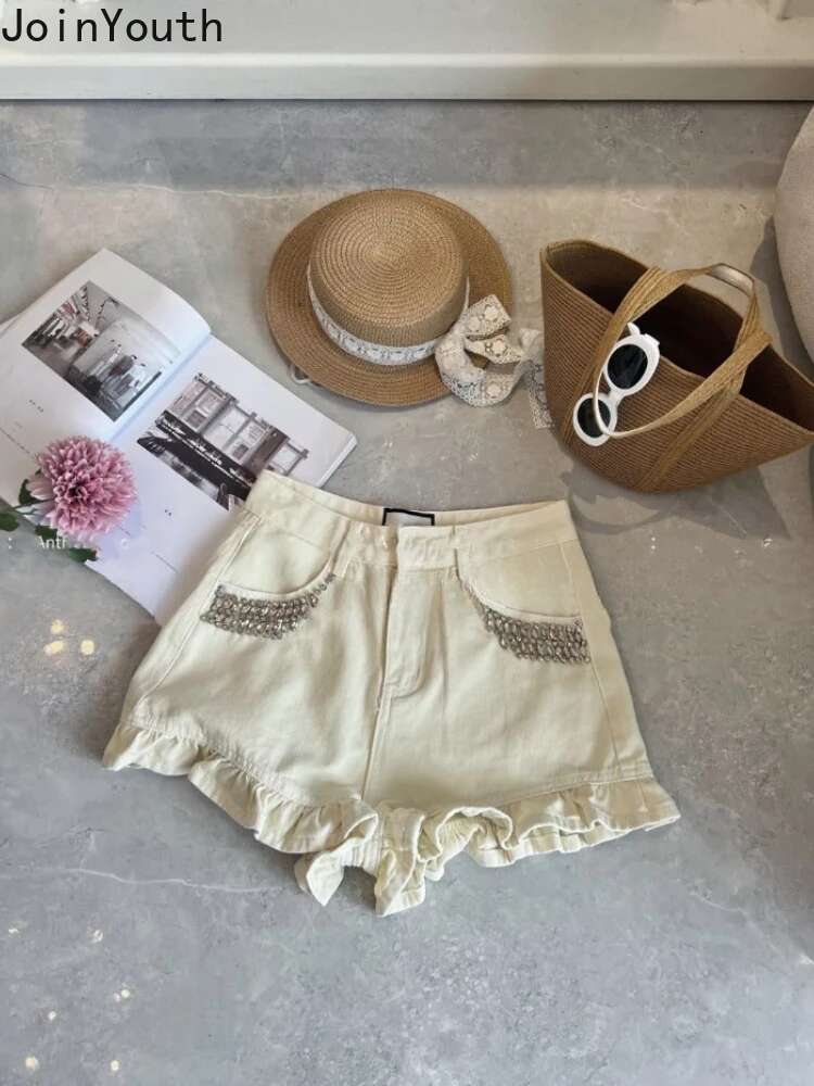 Korean Fashion Y2k Shorts for Womens High Waist Slim Fit Diamond Ruffles Wide Leg Pants Casual Summer Ruffles Pantalon Femme