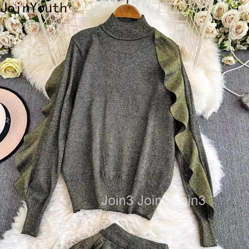 Skirt Suit 2 Piece Sets Women Clothing Half High Collar Ruffles Tops High Waist A-line Pleated Skirt Outfits Vintage Fashion Set