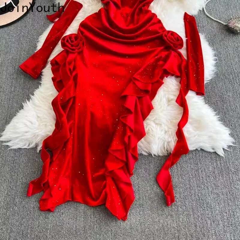 Party Woman Dress Vintage Red Temperament Sexy Robe Femme Slim Waist Split Irregular Bodycon Mini Dresses 2025 Vestidos De Mujer
