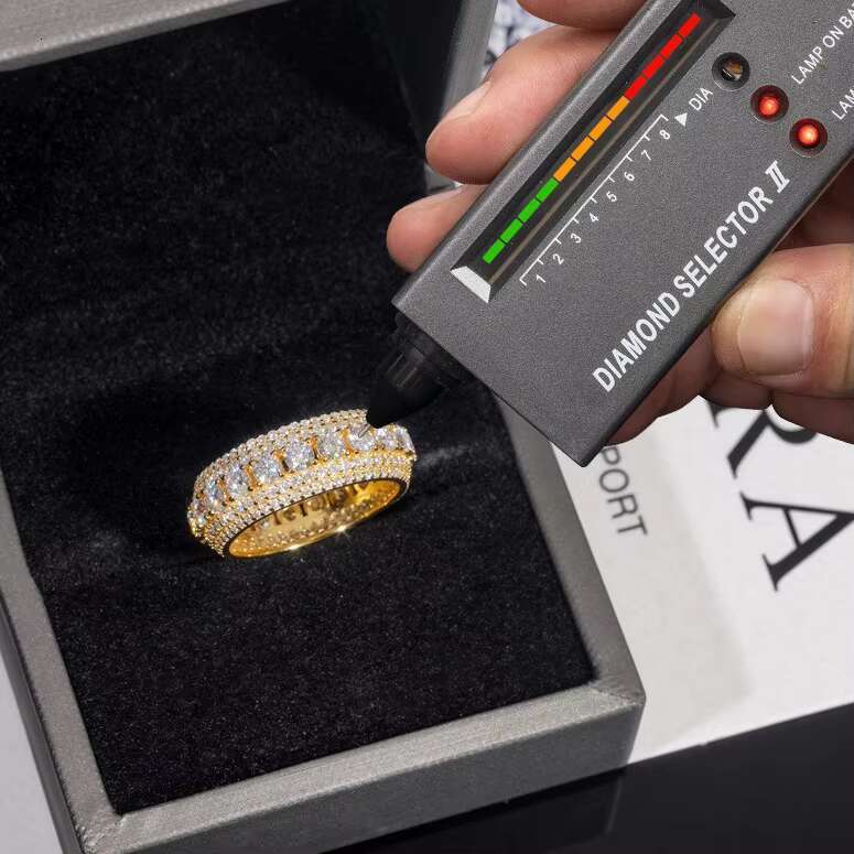Hip Hop Engagement 925 Silver Gold Plated 5 Rows VVS Moissanite Diamond Eternity Size 8 Wedding Ring