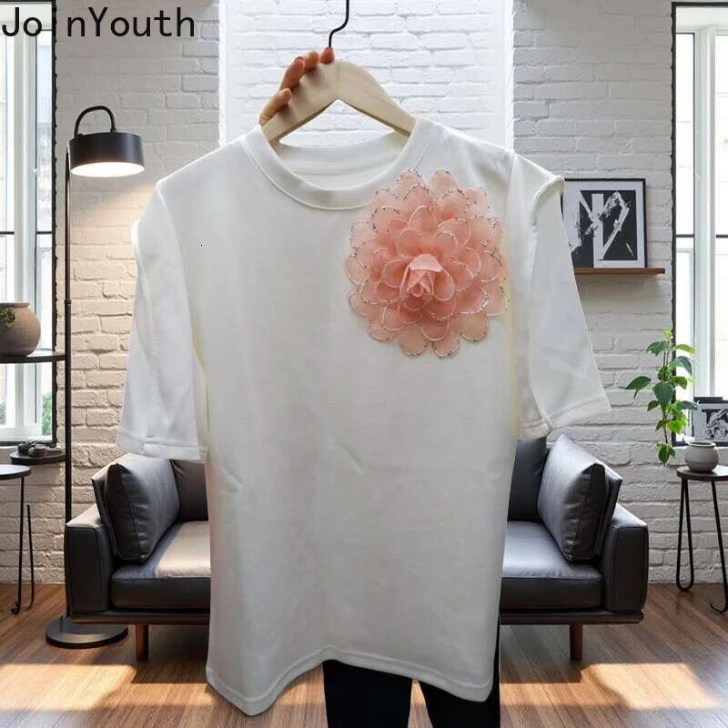 2025 Women Clothing Summer T Shirts 3D Floral White Tees Ropa Mujer Short Sleeve O-neck Camisetas Casual Fashion Loose T-shirt