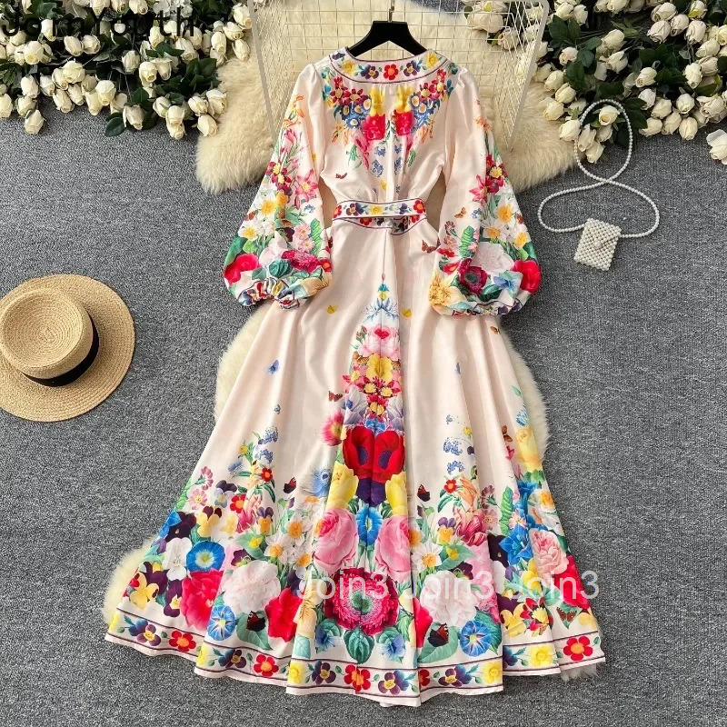 Summer Woman Dress 2025 Vestidos De Mujer V-neck Bandgae Lantern Sleeve Big Swing Elegant Robe Femme Vintage Floral Maxi Dresses