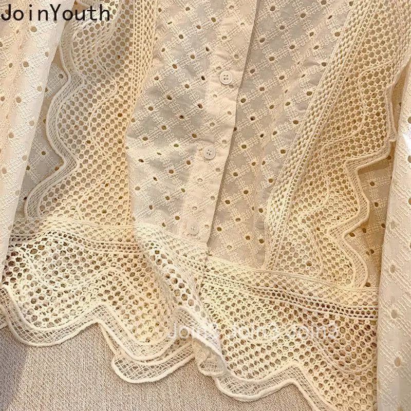 Crop Tops Women Shirt 2025 Blusas Mujer De Moda Hollow Out Patchwork Lace Long Sleeve Blouse Ruffles Chic Korean Sweet Blouses