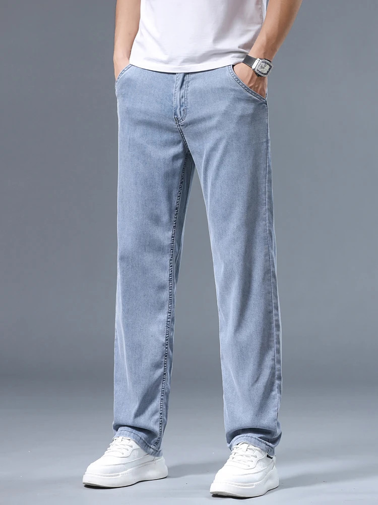 Summer Ultra-thin Mens Jeans Lyocell Soft Breathable Loose Straight Light Blue Denim Pants Business Casual Ice Silk Trousers 250618