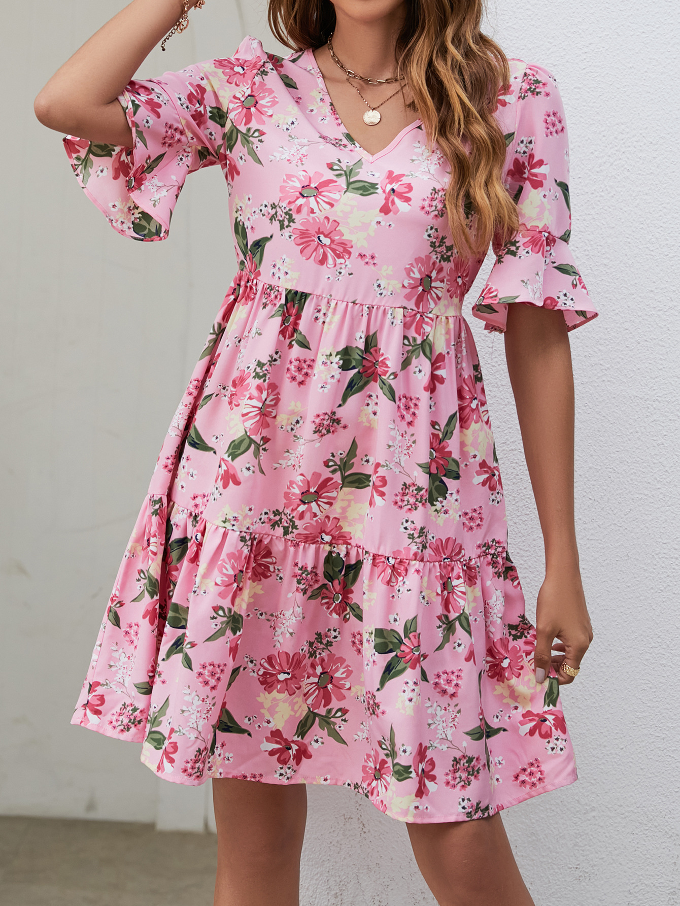 M622New foreign trade hot-selling dress V-neck trumpet sleeve printed casual holiday dress
