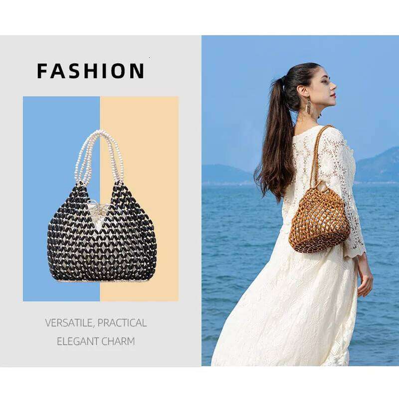 Designer straw bags Tote Bag Handmade Woven Women Handbag Exquisite Design Hollow-Out Wooden Beaded Shoulder Female