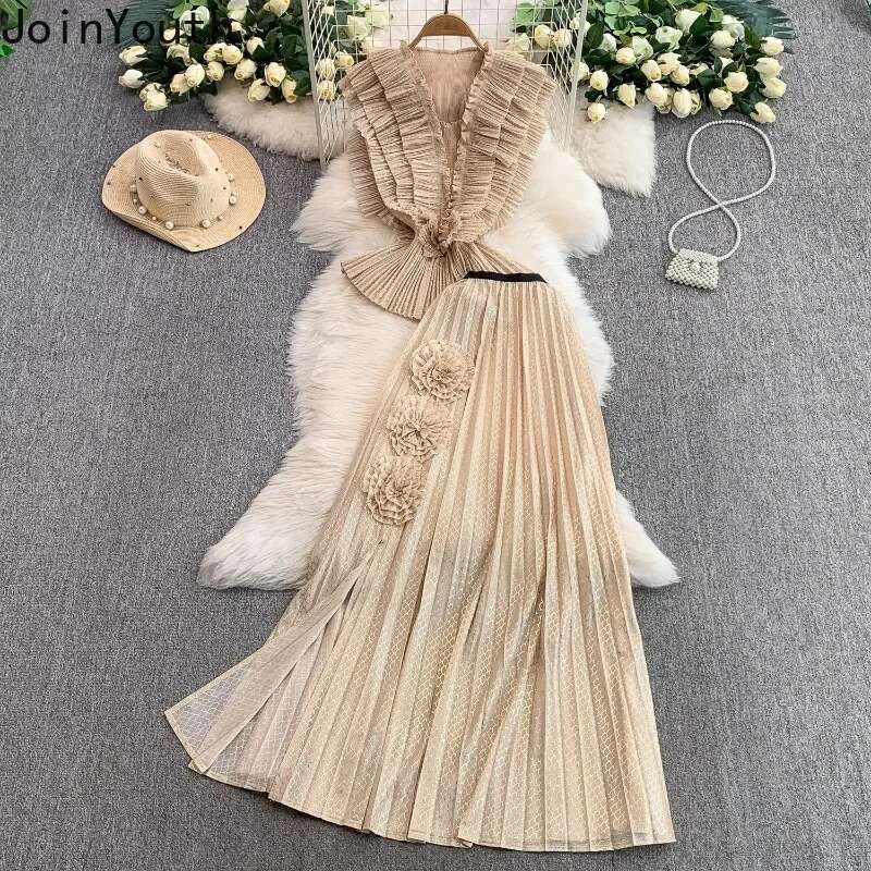 Summer Women Clothing Floral Piece Sets V-neck Sleeveless Slim Wais Tops High Waist Split Skirt Outfits Vintage Elegant Suit