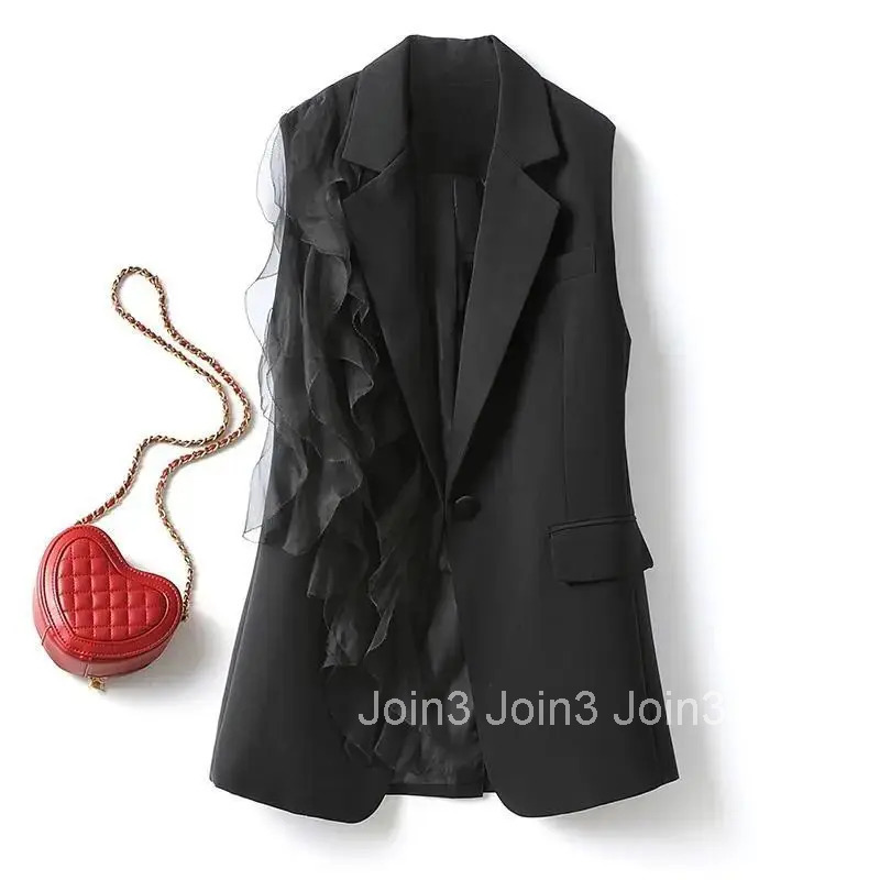 Black Vest Sleeveless Coat Women Patchwork Chiffon Ruffles Waistcoats Temperament Tops Chic Korean Tanks Chalecos Para Mujer