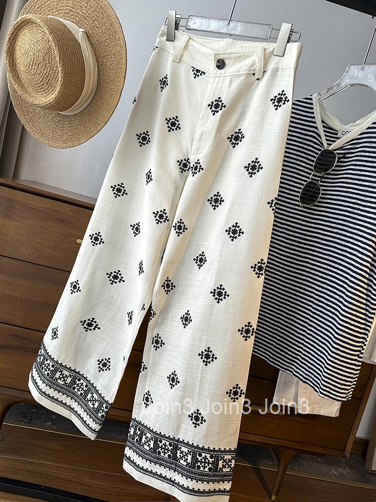 Summer Print Wide Leg Pants for Women New Bottoms Vintage Embroidery Straight Trousers Casual Fashion High Waist Pantalon Femme