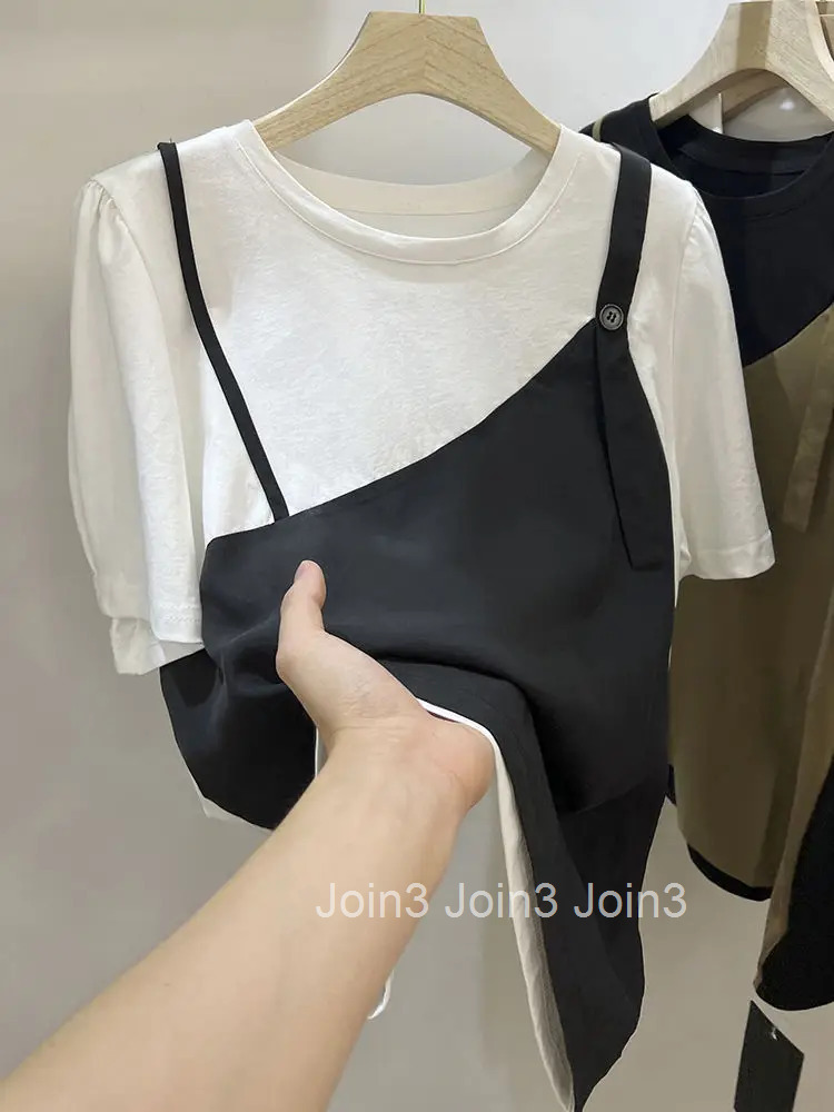 Women Clothes Oversized Woman Tshirts Patchwork Contrast Color Fake Two Tees 2025 Ropa Mujer Casual Fashion Vintage T-shirts