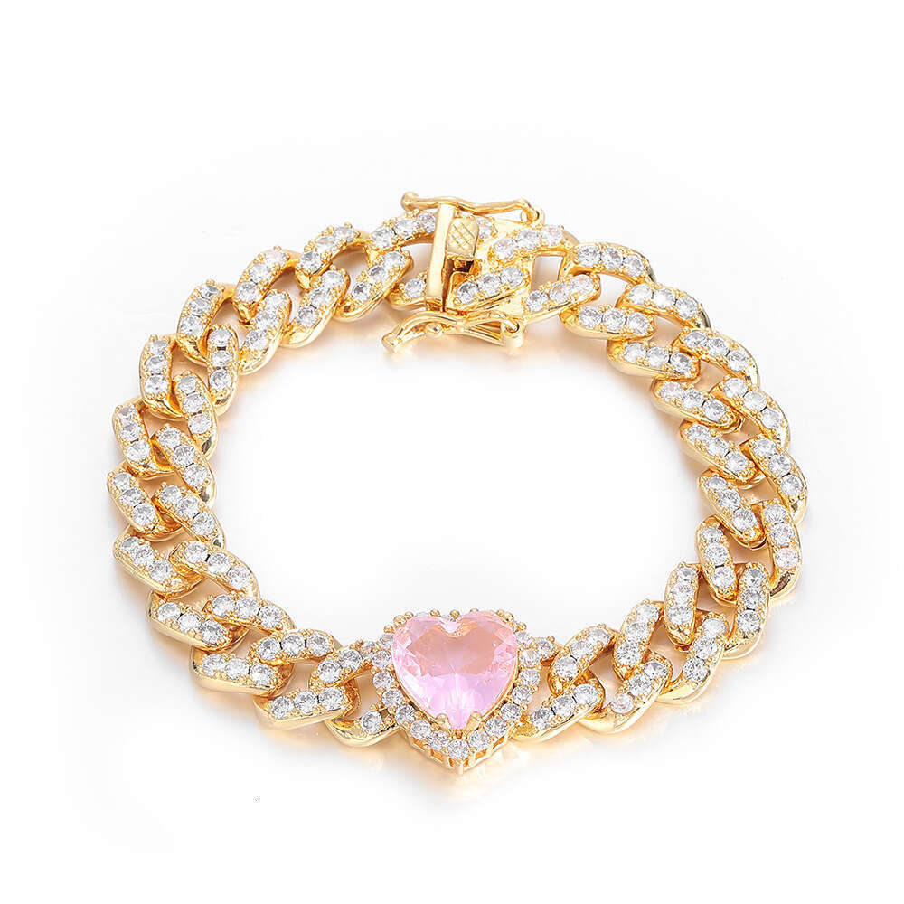 10mm Pink Zircon Accessories Hip Hop Heart Cuban Chain Women's Bracelet 0656