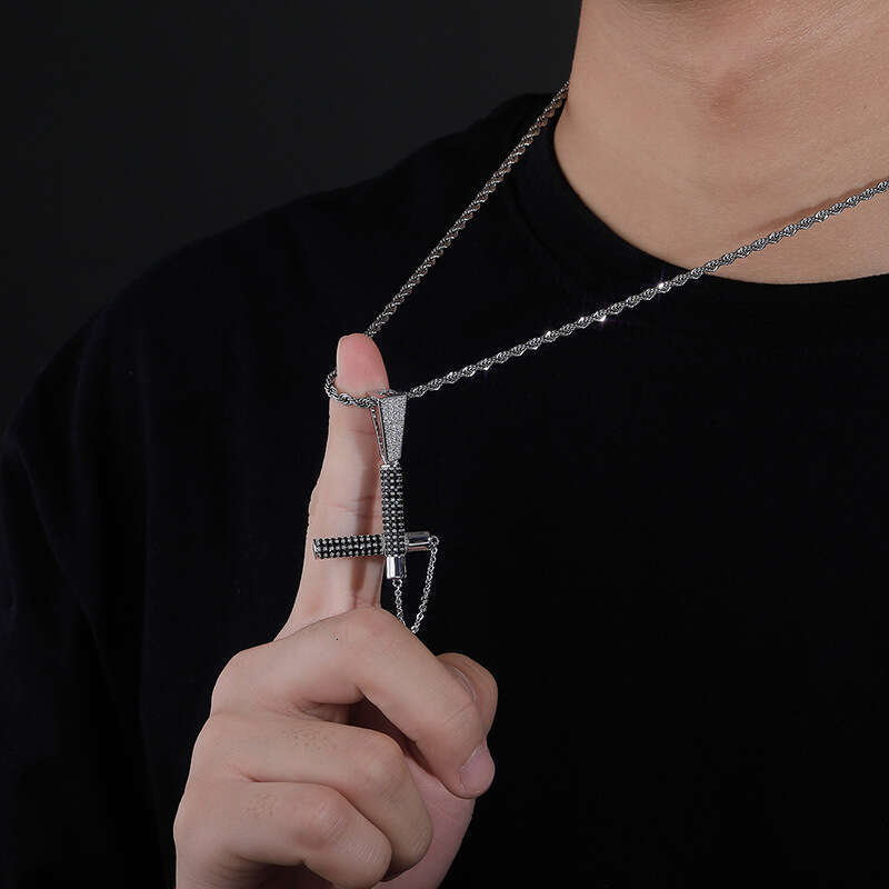 Hip Hop Micro Paved Black Zircon Nunchaku Pendant Men's Trendy Necklace