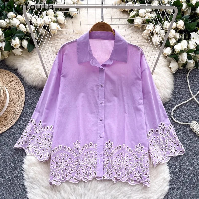 2025 Blusas Mujer De Moda Vintage Blouses Women Clothing Hollow Out Embroidery Flare Sleeve Shirt Loose White Summer Blouse Tops