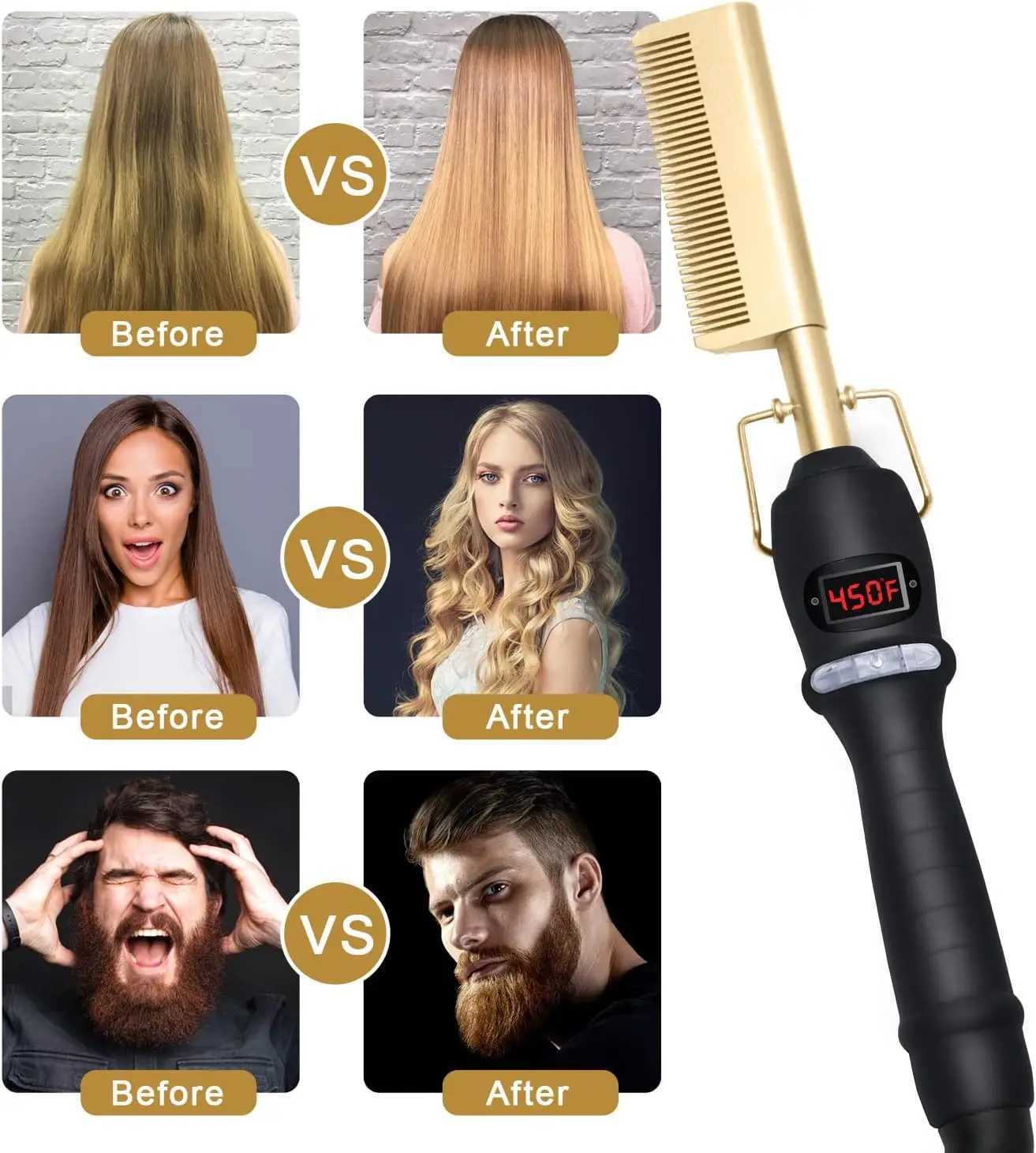 Hot Comb Hair Straightener Heat Pressing Combs LCD Ceramic Curling Iron for Hair Beard Wigs Wet and Dry Hair Styling ToolsXJ250621