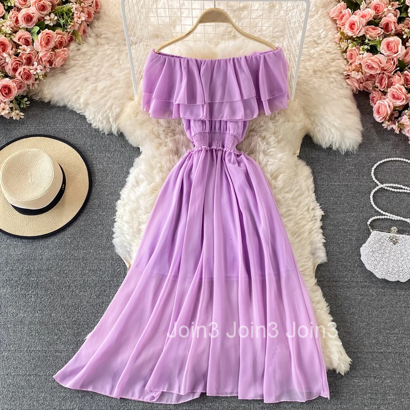 Summer Dress for Women High Waist Big Swing A-line Robe Femme Slash Neck Ruffles Chiffon Sexy Dresses 2025 Vestidos De Mujer