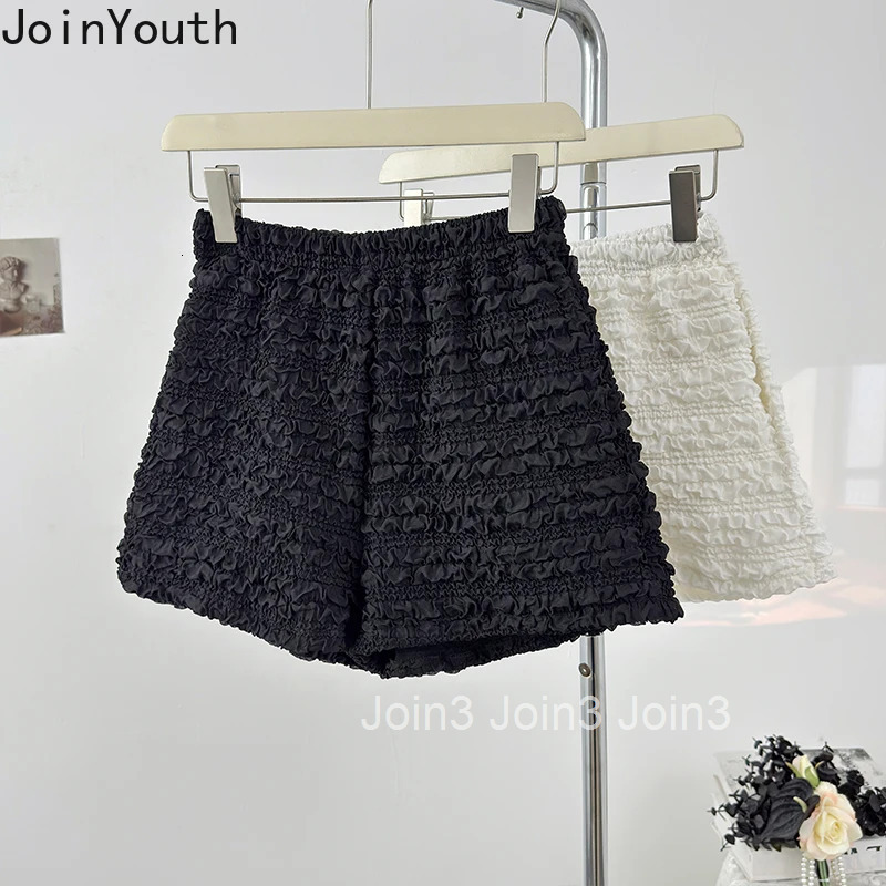 Ruffles Folds Shorts for Women 2025 New Bottoms Elastic Waist Solid Color Casual Pants Fashion Summer Pantalones Cortos De Mujer