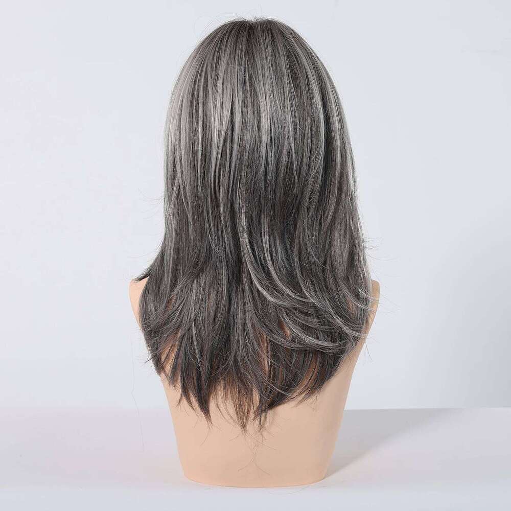 Medium Length Straight Gray Layered Synthetic Wigs With Bangs For Women Party Cosplay Natural Heat Resistant Fake Hair