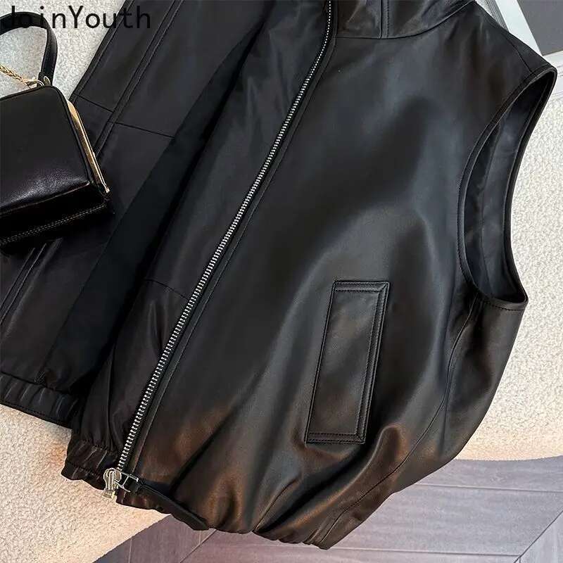 Streetwear PU Women Vest Jackets 2025 Ropa Mujer Hooded Zipper Sleeveless Casual Waistcoat Y2k Tops Fashion Korean Leather Tanks