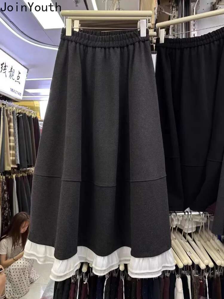 Patchwork Ruffles Woolen Women Skirt Temperament Jupe Vintage Korean Saia High Waist Thicked Skirts 2025 Faldas Mujer De Moda