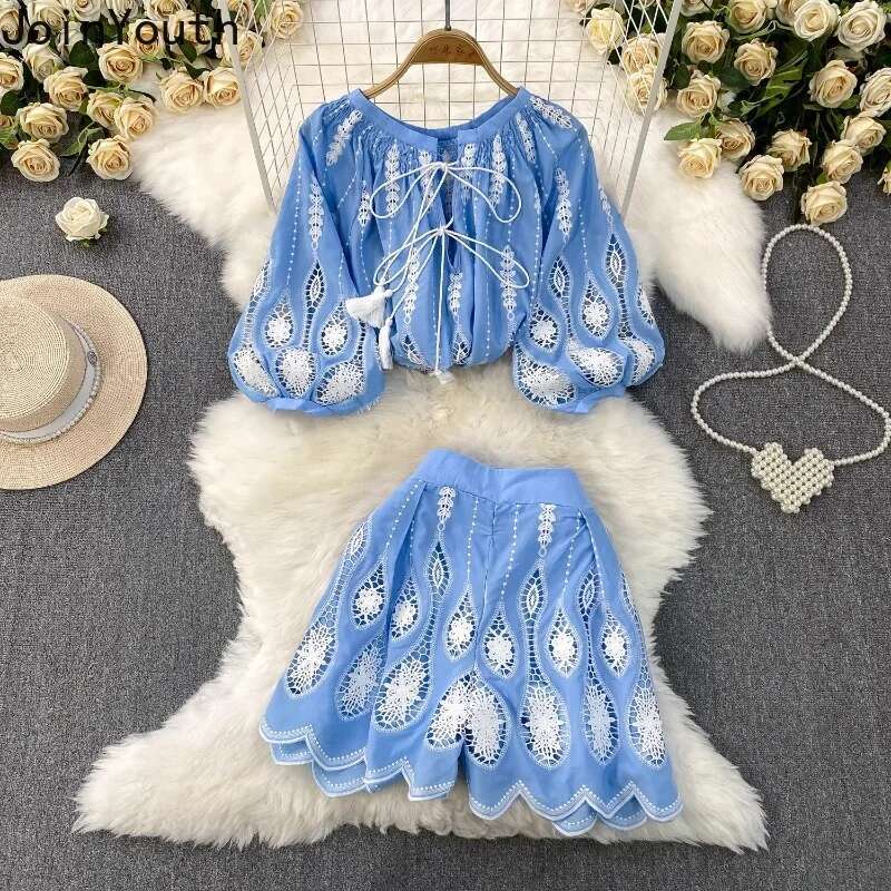 Summer Women Clothes 2 Piece Sets O-neck Lantern Sleeve Shirt High Waist Wide Leg Shorts Outfite Hollow Out Lace Chic Retro Suit