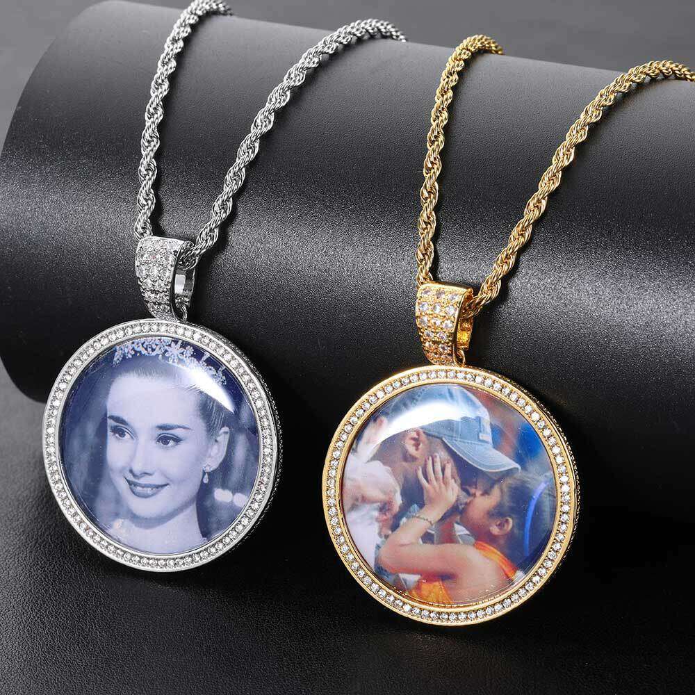 Hip Hop Jewelry Side Dia Round Photo Pendant Personality Micro Paved Zircon Memory Frame Necklace 3e5b