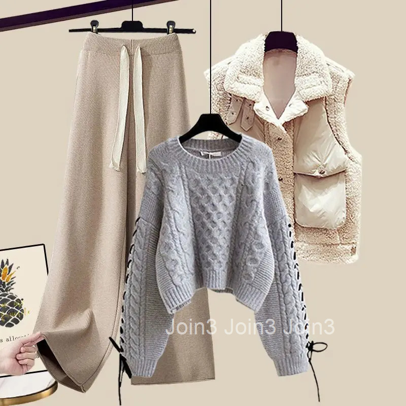 Winter Clothing Fashion 3 Piece Sets for Women Thicked Warm Vest O-neck Casual Pullovers High Waist Wide Leg Pants Suit Knit Set