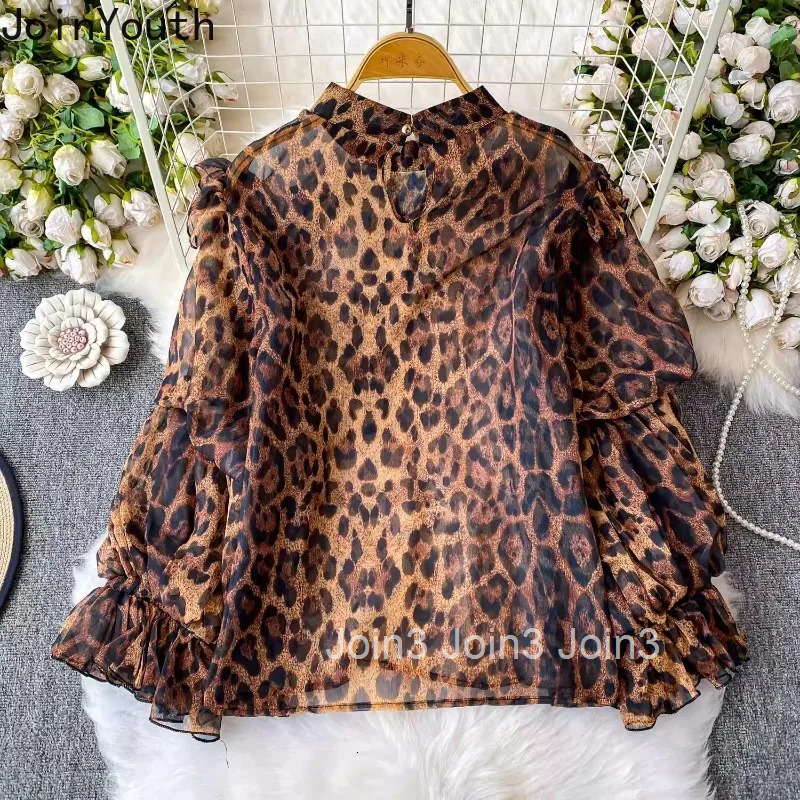 Sexy Leopard Print Shirts Womens Clothing Temperament Tops Lantern Sleeve Blouses Stand Neck Bandage Summer Camisas De Mujer