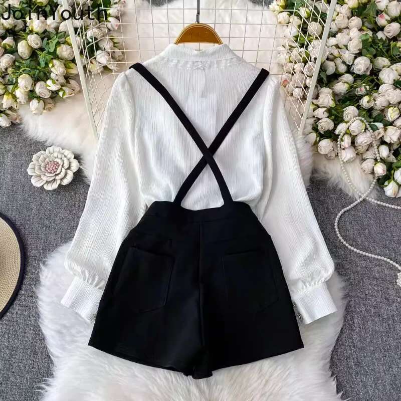 Womens Clothing Summer Two Piece Sets Lace Vintage White Shirt Strap and Jumpsuit Suit Fashion Korean Outfits 2025 Ropa Mujer