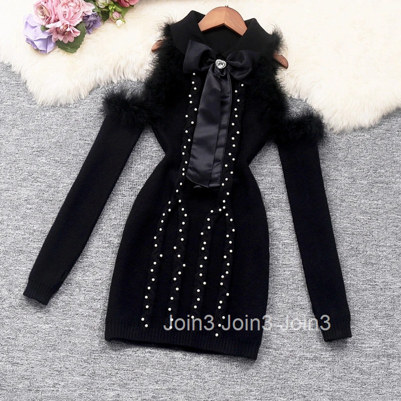 Bodycon Dresses for Women 2025 Vestidos De Mujer Beading Bow Slim Fit Sexy Robe Femme Hollow Out Off Shoulder Knitted Mini Dress